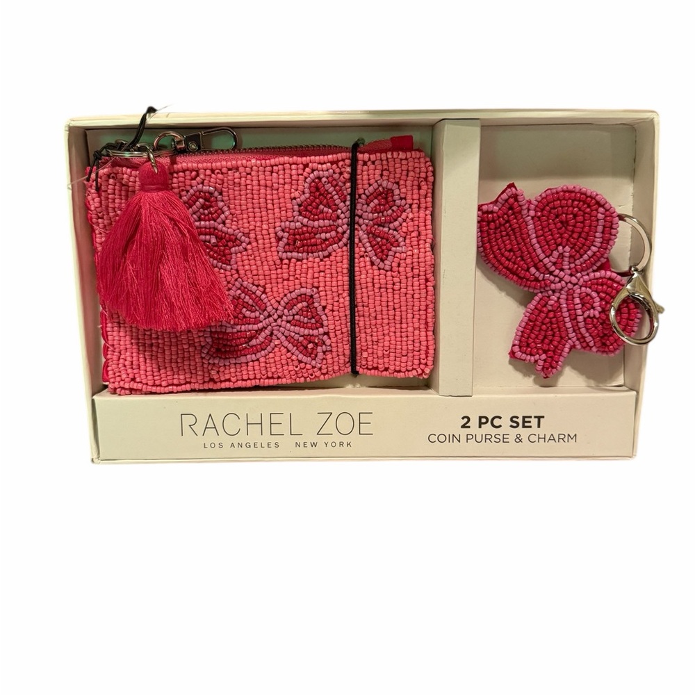 Rachel Zoe Pink Bow Beaded Coin Purse and Charm Set